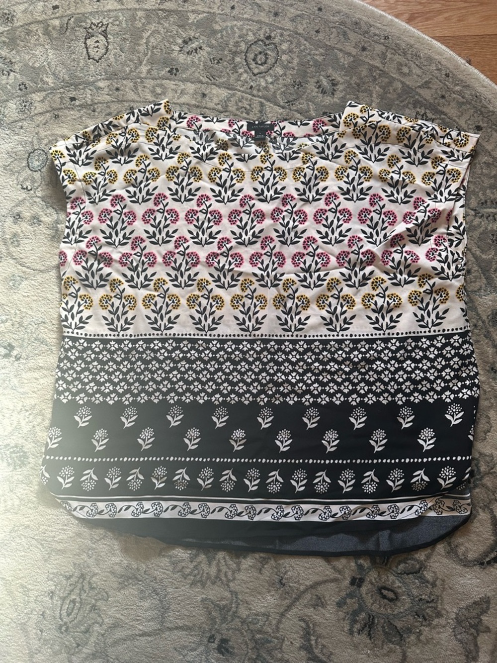 Ann Taylor White Floral Cap-Sleeve Top with Pink & Yellow Accents